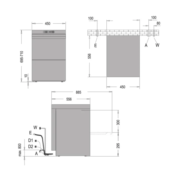 Gläserspülmaschine - Bistrospülmaschine U 430-1 mit Ablaufpumpe - technische-zeichnung