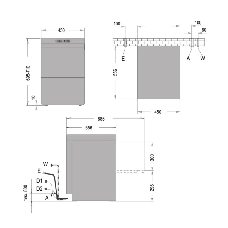 Gläserspülmaschine - Bistrospülmaschine U 430-1 mit Ablaufpumpe - technische-zeichnung