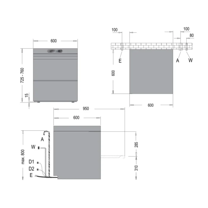 Gläserspülmaschine - Bistrospülmaschine u540 mit Ablaufpumpe - technische-zeichnung