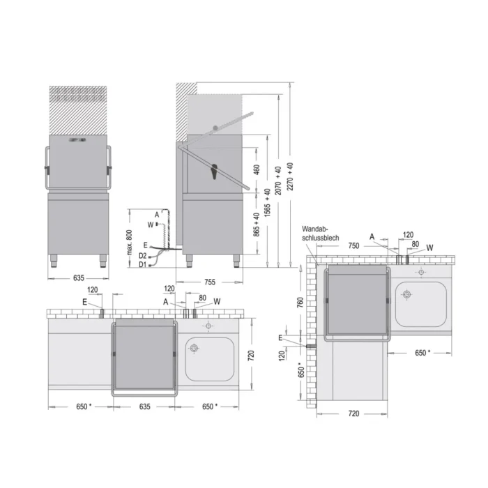 Haubenspülmaschine H 540 KLIMA PLUS / H 540E* KLIMA PLUS mit Ablaufpumpe - technische-zeichnung